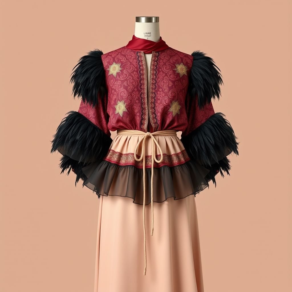 A 2 piece which is a full length straight skirt (plain) and free knee length bubu kaftan blouse (patterned) which will be a little pencil at the bottom with rope inside for fitting. Sleeve edge with feathers while the front of the bubu kaftan is with a lace trimmings to full length for Muslim hijabi suitable for Eid
Design a glamorous two-piece ensemble featuring a full-length, plain, straight skirt that exudes elegance. Complement it with a knee-length bubu kaftan blouse adorned with intricate patterns, cinched at the bottom with a chic rope detail. The sleeves are lavishly edged with feathers, while delicate lace trimmings grace the front, perfect for Eid celebrations, catering to the sophisticated Muslim hijabi style.
