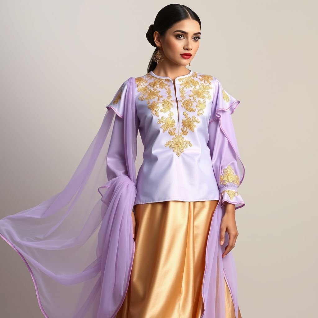 I want light purple with gold mixture of blouse with gold skirt and purple shawl
Envision an ethereal ensemble featuring a light purple silk blouse adorned with intricate gold embroidery and delicate ruffles at the sleeves. Pair it with a flowing gold satin skirt that shimmers with every movement, complemented by a sheer light purple shawl cascading gracefully. Accessorize with gold statement earrings for a regal touch.