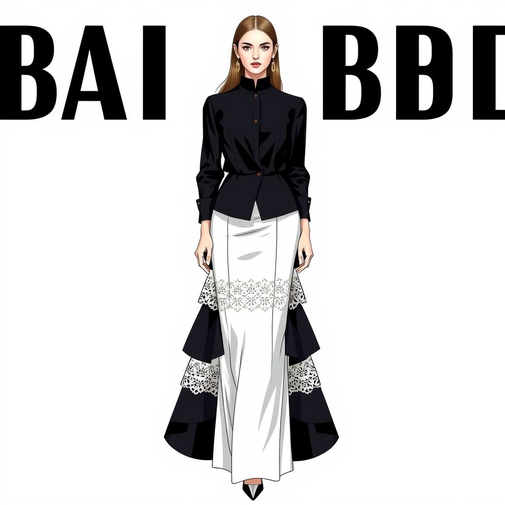 Create me a fashion set with a top and skirt with lace and eyelets. I want the skirt triple layered. It needs to be a maxi, modest and covered. Unqiue, runway or causal. No nakedness.
Design a sophisticated business fashion set featuring a tailored, triple-layered maxi skirt adorned with delicate lace and eyelet details for a touch of elegance. Pair with a structured, high-neck blouse that balances modesty and professionalism. Emphasize clean lines and refined silhouettes, making it suitable for both runway and office wear.