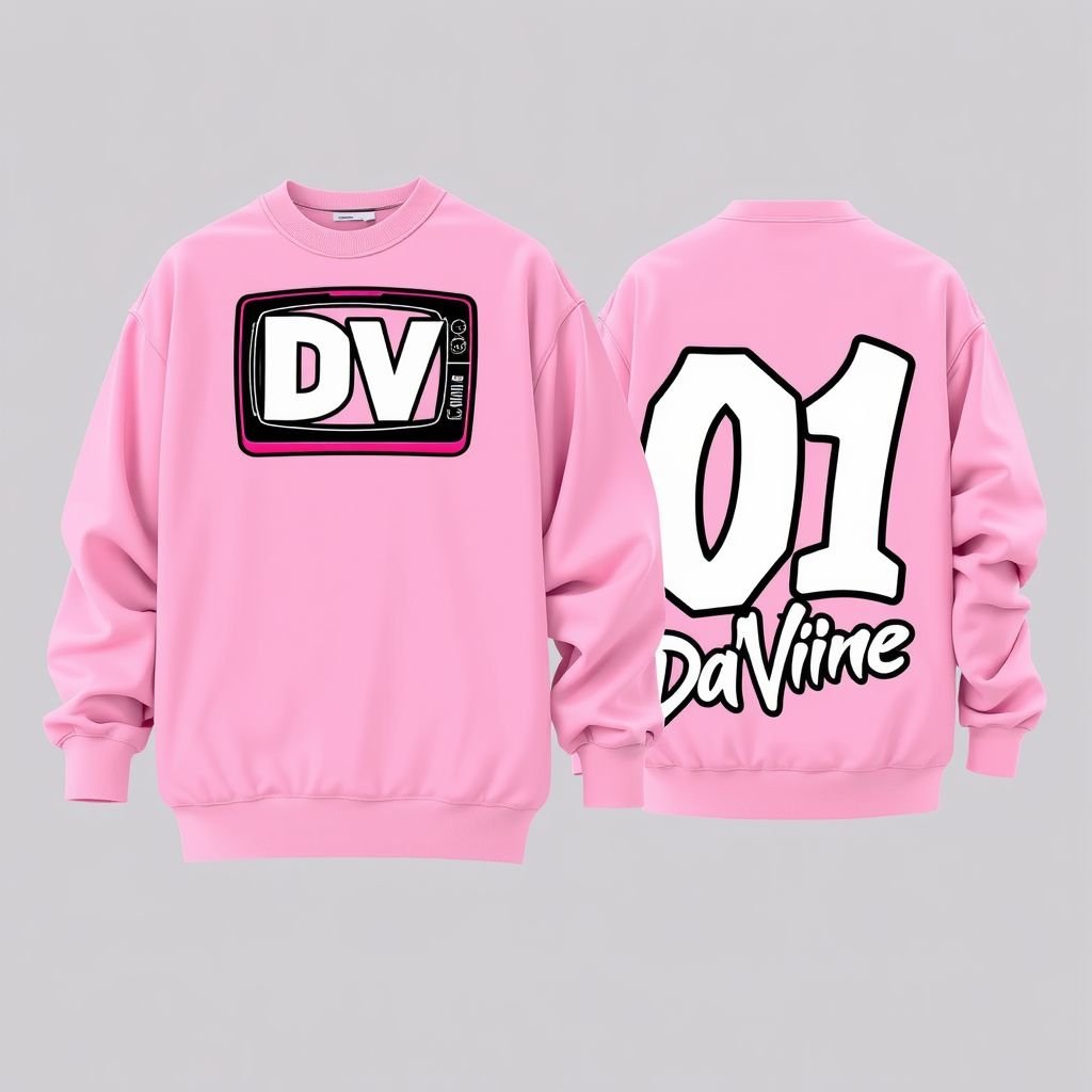 A long sleeve Jersey with the number 01 on the back that says “Da’Vine” & DV on the front with the DV being on a blank TV. I want the colors to be light pink and white. I want all the designs embroidered on the jersey.
Design a trendy streetwear long sleeve jersey featuring a bold, oversized fit. The vibrant light pink base is complemented by striking white embroidered graphics. The front showcases a retro TV-shaped 'DV,' while the back features '01' with 'Da'Vine' in graffiti-style script, perfect for urban explorers and fashion-forward individuals.