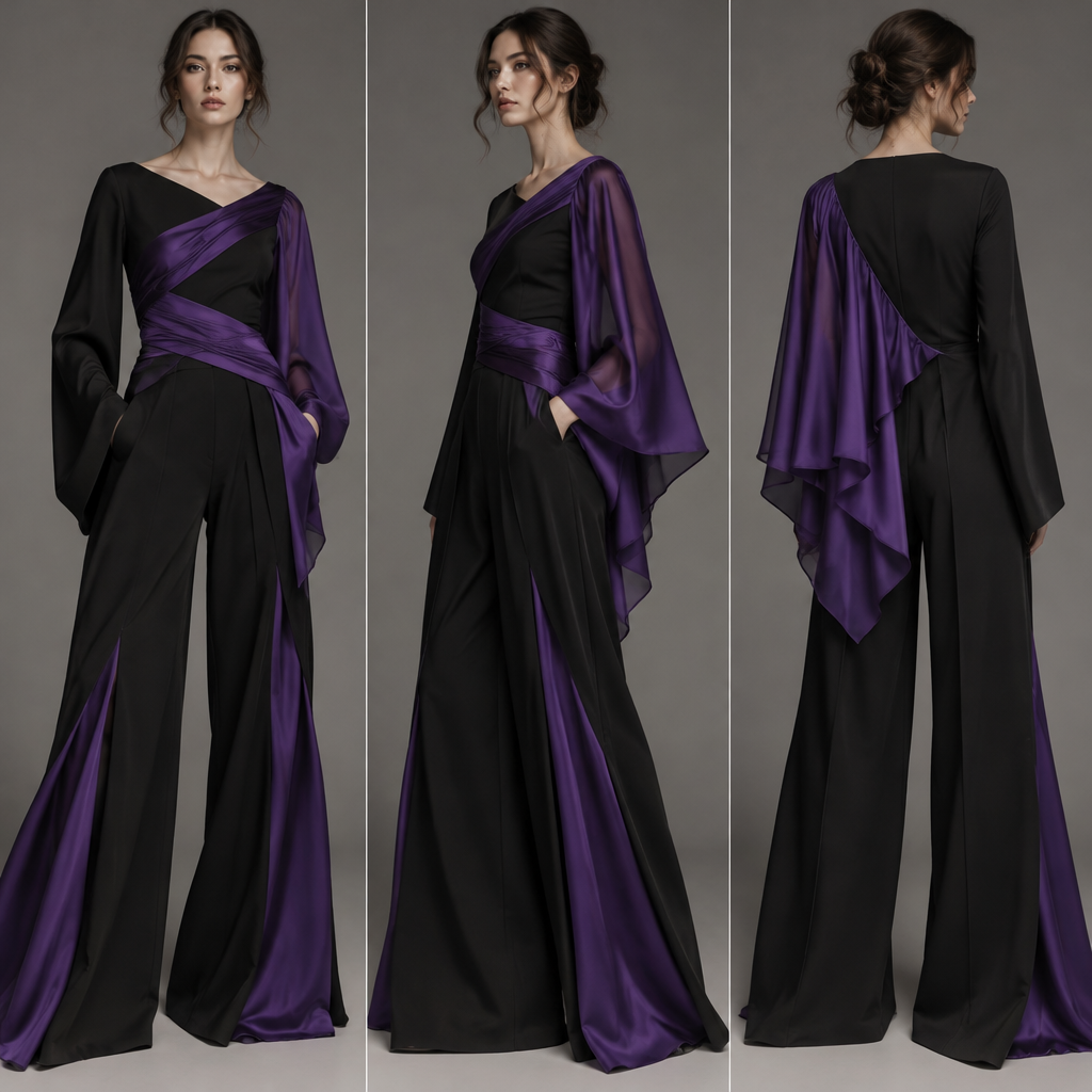 BLACK & DEEP ROYAL PURPLE DESIGN
Overall Vibe:
Confident, elegant, soft, flowing, sophisticated, and unexpected.
COLORS:
* Main color: Mostly matte black
* Accent color: Deep royal purple
* Purple has a slight satin-like sheen
* Black is mostly matte
FABRIC:
* Black fabric: Slightly structured with enough weight for the trousers
* Purple fabric: Lighter, softer, and more fluid with beautiful drape
UPPER BODY:
* Asymmetric neckline
* One loose, long black sleeve
* One purple sleeve formed partly from the draping
* Purple begins at the shoulder and flows diagonally across the chest
* Another purple section rises from around the waist toward the shoulder
* The two purple sections create an overlapping/crossing ribbon effect
* The purple continues into the sleeve and flows toward the back
WAIST:
* Purple fabric wraps gently around the waist
* It is not designed like a belt
* The waist is slightly shaped for subtle definition
* Purple gathers softly at one side
* The gathered purple section disappears seamlessly into the trousers
TROUSERS:
* Black, very wide-leg trousers
* Floor-touching length without heavily dragging
* The front initially appears as elegant, simple wide-leg trousers
* Around the knee, the outer black layer opens subtly
* A deep royal-purple inner layer is revealed underneath
* The purple is part of the trouser construction rather than a simple stripe
BACK:
* Mostly clean black
* A purple waterfall flows from the shoulder/waist area
* The purple becomes slightly wider as it descends
* Soft, slightly uneven edge
* Ends around the upper-thigh/hip area
* Medium-length and elegant rather than extremely dramatic
* Connects subtly to the purple waist section
DETAIL:
“The Purple Thread”
* Very thin purple stitching follows selected black edges
* Appears around part of the neckline
* Continues along the black sleeve
* Extends onto sections of the trousers
* Becomes slightly more visible near the purple sections
DESIGN CONCEPT:
The purple should feel like one continuous flowing ribbon moving through the entire outfit:
Shoulder → Chest → Waist → Trousers → Back Waterfall
FINAL IDENTITY:
Soft
Flowing
Elegant
Confident
Unexpected
Sophisticated
The design uses the construction of the garment itself—not excessive decoration—to create its uniqueness.
photorealistic fashion design, BLACK & DEEP ROYAL PURPLE DESIGN
Overall Vibe:
Confident, elegant, soft, flowing, sophisticated, and unexpected.
COLORS:
* Main color: Mostly matte black
* Accent color: Deep royal purple
* Purple has a slight satin-like sheen
* Black is mostly matte
FABRIC:
* Black fabric: Slightly structured with enough weight for the trousers
* Purple fabric: Lighter, softer, and more fluid with beautiful drape
UPPER BODY:
* Asymmetric neckline
* One loose, long black sleeve
* One purple sleeve formed partly from the draping
* Purple begins at the shoulder and flows diagonally across the chest
* Another purple section rises from around the waist toward the shoulder
* The two purple sections create an overlapping/crossing ribbon effect
* The purple continues into the sleeve and flows toward the back
WAIST:
* Purple fabric wraps gently around the waist
* It is not designed like a belt
* The waist is slightly shaped for subtle definition
* Purple gathers softly at one side
* The gathered purple section disappears seamlessly into the trousers
TROUSERS:
* Black, very wide-leg trousers
* Floor-touching length without heavily dragging
* The front initially appears as elegant, simple wide-leg trousers
* Around the knee, the outer black layer opens subtly
* A deep royal-purple inner layer is revealed underneath
* The purple is part of the trouser construction rather than a simple stripe
BACK:
* Mostly clean black
* A purple waterfall flows from the shoulder/waist area
* The purple becomes slightly wider as it descends
* Soft, slightly uneven edge
* Ends around the upper-thigh/hip area
* Medium-length and elegant rather than extremely dramatic
* Connects subtly to the purple waist section
DETAIL:
“The Purple Thread”
* Very thin purple stitching follows selected black edges
* Appears around part of the neckline
* Continues along the black sleeve
* Extends onto sections of the trousers
* Becomes slightly more visible near the purple sections
DESIGN CONCEPT:
The purple should feel like one continuous flowing ribbon moving through the entire outfit:
Shoulder → Chest → Waist → Trousers → Back Waterfall
FINAL IDENTITY:
Soft
Flowing
Elegant
Confident
Unexpected
Sophisticated
The design uses the construction of the garment itself—not excessive decoration—to create its uniqueness., minimalist style, just the design no text