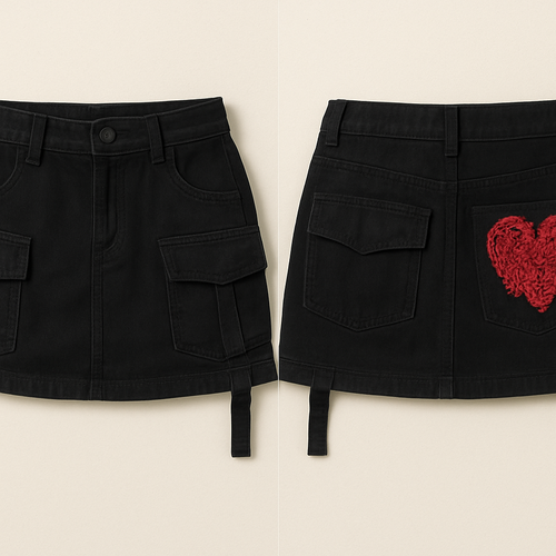 Mini black skirt, with a heart shaped cut on the back pocket filled with red crochet. It has to be a cargo low fit mini skirt, with some straps and stitches at the end. The crochet has to be more messy and big