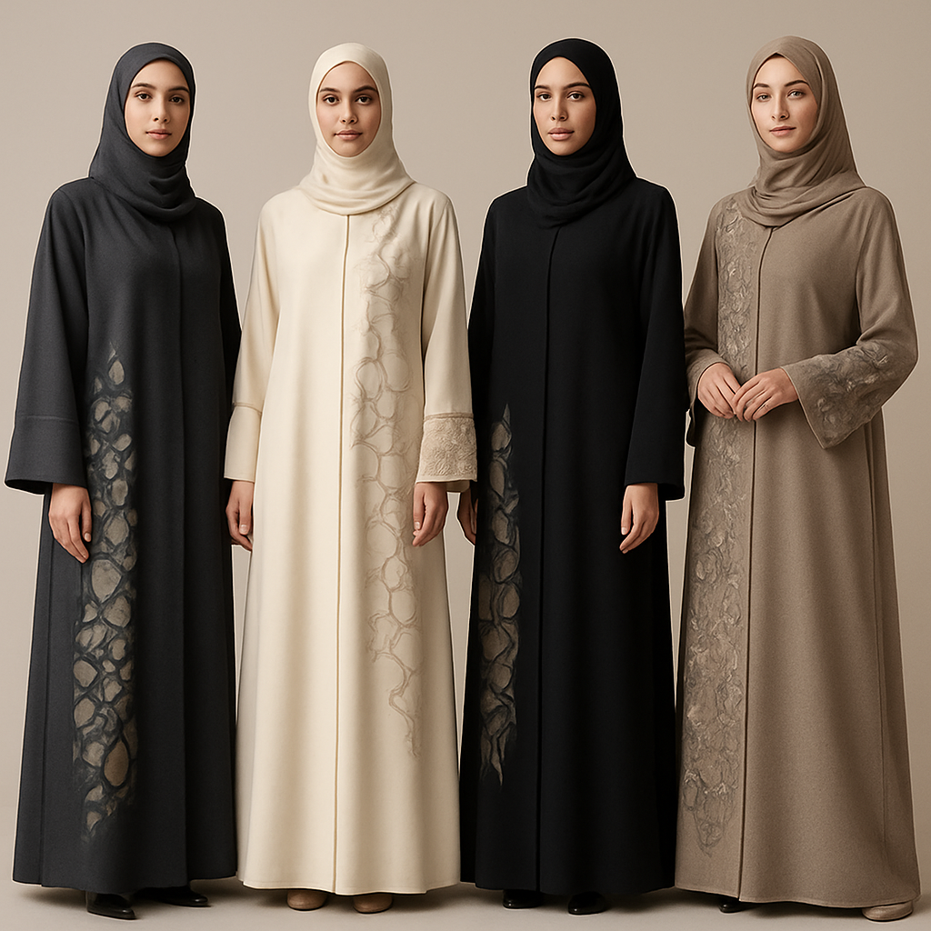 Create a modest abaya that's the first of its kind, featuring a unique stone design that exudes a classy and sophisticated vibe. I'd like four designs, each showcasing different styles and fabrics.
Incorporate high-end, unique chic stone designs to make them truly special. Add a little sophisticated stone work to it.

Create a modest abaya that's the first of its kind, featuring a unique stone design that exudes a classy and sophisticated vibe. I'd like four designs, each showcasing different styles and fabrics.
Incorporate high-end, unique chic stone designs to make them truly special. Add a little sophisticated stone work to it.