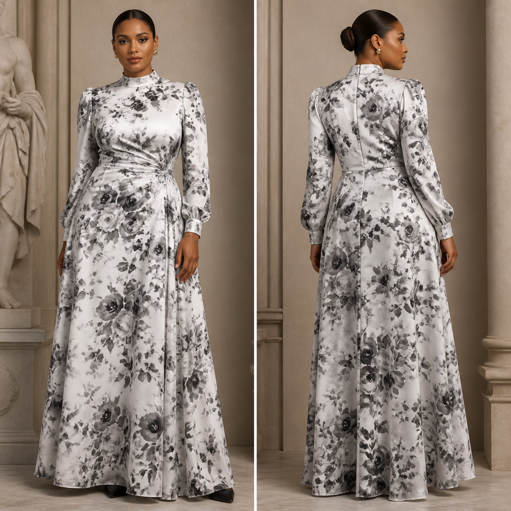 A Female Dress design, with a sleek, smooth finish, with modest, full coverage: longer hemlines, higher necklines and covered shoulders, in a Monochrome color palette, for Date Night, suitable for Winter, in Elegant + Bloomcore + Parisian style, shown on a model with brown skin and a curvy figure. os ombros amostra. Brazil fashion aesthetics. Present it as professional fashion catalogue photography: the garment is the subject, shown full-length with editorial styling, neutral posing and tasteful, non-suggestive framing.
photorealistic fashion design, A Female Dress design, with a sleek, smooth finish, with modest, full coverage: longer hemlines, higher necklines and covered shoulders, in a Monochrome color palette, for Date Night, suitable for Winter, in Elegant + Bloomcore + Parisian style, shown on a model with brown skin and a curvy figure. os ombros amostra. Brazil fashion aesthetics. Present it as professional fashion catalogue photography: the garment is the subject, shown full-length with editorial styling, neutral posing and tasteful, non-suggestive framing., elegant style, just the design no text, show front and back