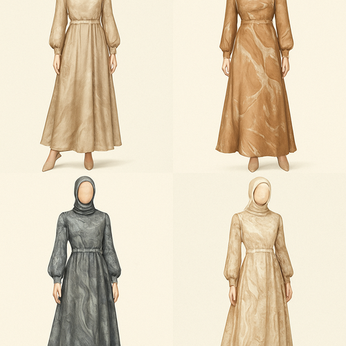Create a modest luxury dress using silk fabric and others, the first of its kind, featuring a unique stone design that exudes a classy and sophisticated vibe. I'd like four designs, each showcasing different styles and fabrics. Incorporate high-end, unique chic stone designs to make them truly special.