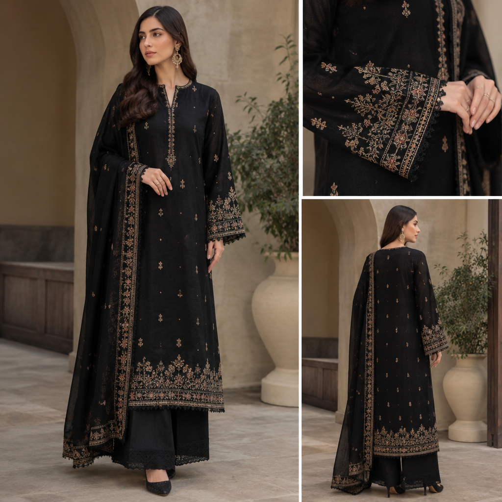 A Female Dress design, suitable for Fall. khaddar suit in
black
or barek barek si embroidery ho ful suit par Daman or sleeve heavy hon
lace b lagi ho. Pakistan fashion aesthetics. Present it as professional fashion catalogue photography: the garment is the subject, shown full-length with editorial styling, neutral posing and tasteful, non-suggestive framing.
photorealistic fashion design, A Female Dress design, suitable for Fall. khaddar suit in
black
or barek barek si embroidery ho ful suit par Daman or sleeve heavy hon
lace b lagi ho. Pakistan fashion aesthetics. Present it as professional fashion catalogue photography: the garment is the subject, shown full-length with editorial styling, neutral posing and tasteful, non-suggestive framing., just the design no text