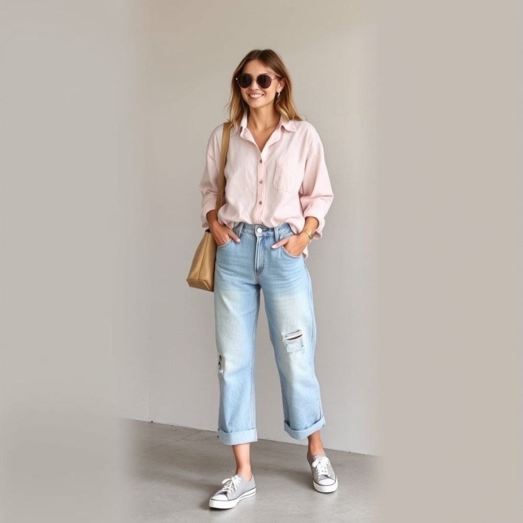 Shirt and pants
Design a relaxed, oversized linen shirt in a soft pastel hue, perfect for warm days. Pair it with high-waisted, wide-leg denim pants featuring a distressed finish for a laid-back vibe. Complete the look with slip-on canvas sneakers and a slouchy tote bag, embracing effortless chic casual fashion essentials.