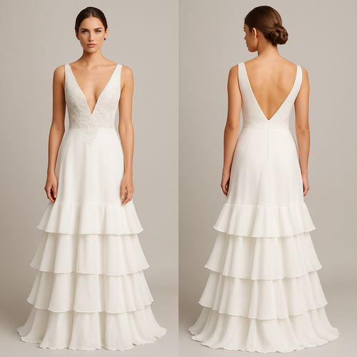 Low cut evening dress. White with white beading embroidery in the middle part and a tiered ruffle long maxi skirt