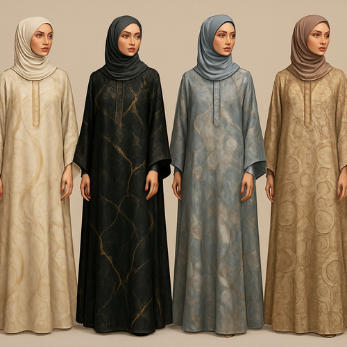 Create a modest boubou, the first of its kind, featuring a unique stone design that exudes a classy and sophisticated vibe. I'd like four designs, each showcasing different styles and fabrics. Incorporate high-end, unique chic stone designs to make them truly special. Add little sophisticated stone designs.