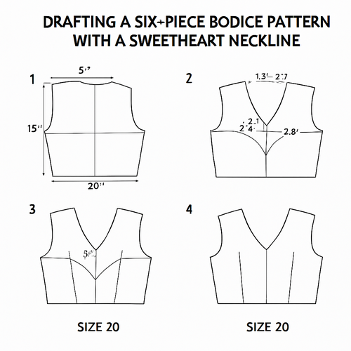 Writing steps of drafting a six piece bodice pattern with a sweet heart neck at the neck line, with measurements all through the blouse pattern of a size 20