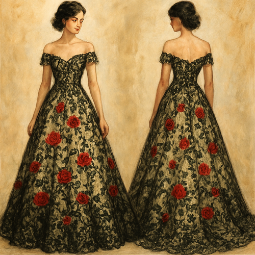 Lace wedding dress,black and champagne color, off the shoulder sleeves, and red roses and green vines embroidered on the dress.