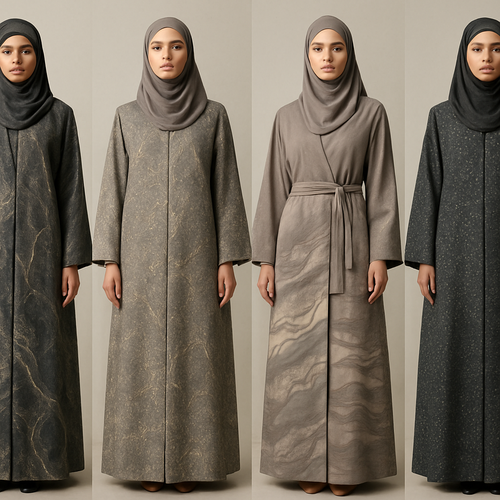 Create a modest two piece abaya, first of its kind, featuring a unique stone design that exudes a classy and sophisticated vibe. I'd like four designs, each showcasing different styles and fabrics. Incorporate high-end, unique chic stone designs to make them truly special. Add little sophisticated stone designs. Make it irresistible!