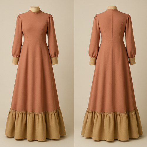 A dress with a fitted upper bodice that flares into a full lenght a line dress with ruffles along the three quarter line 
It has long sleeves 