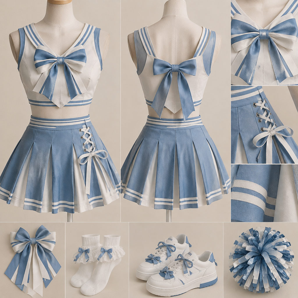 Blue and white cute cheerleader outfit
photorealistic fashion design, Blue and white cute cheerleader outfit , cottagecore style, just the design no text