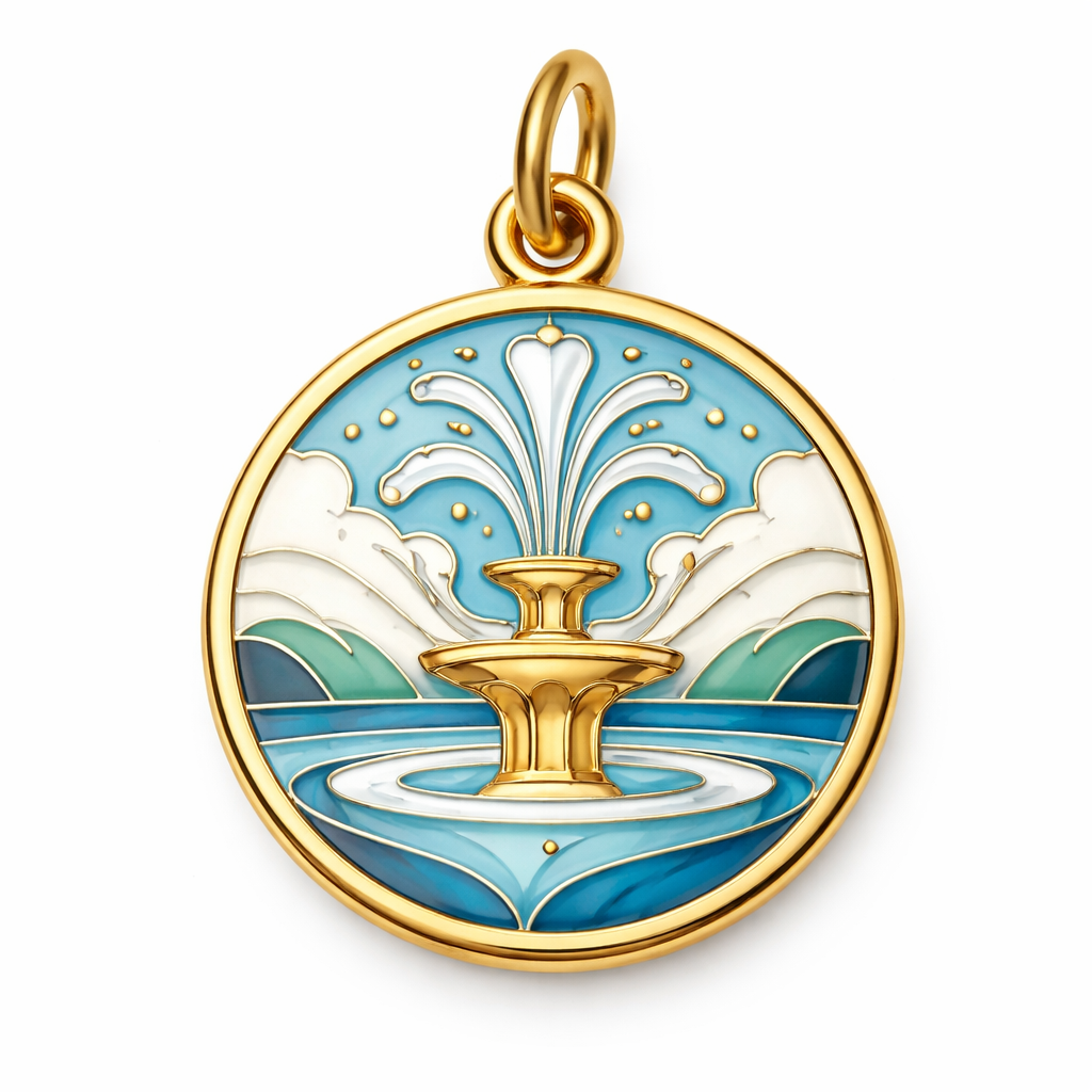 Make an enamel charm for a bracelet. It needs to be inspired by Kansas City being the city of fountains. No words. Keep it super simple. Let’s have it be geometric with just water
Make an enamel charm for a bracelet. It needs to be inspired by Kansas City being the city of fountains. No words. Keep it super simple. Let’s have it be geometric with just water , classic style