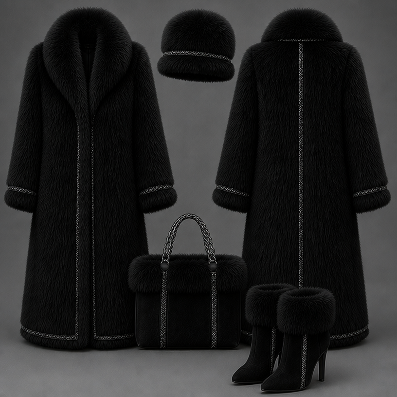 Make this entire outfit in black
edit the attached fashion design with these instructions: Make this entire outfit in black. keep it photorealistic, just the design no text