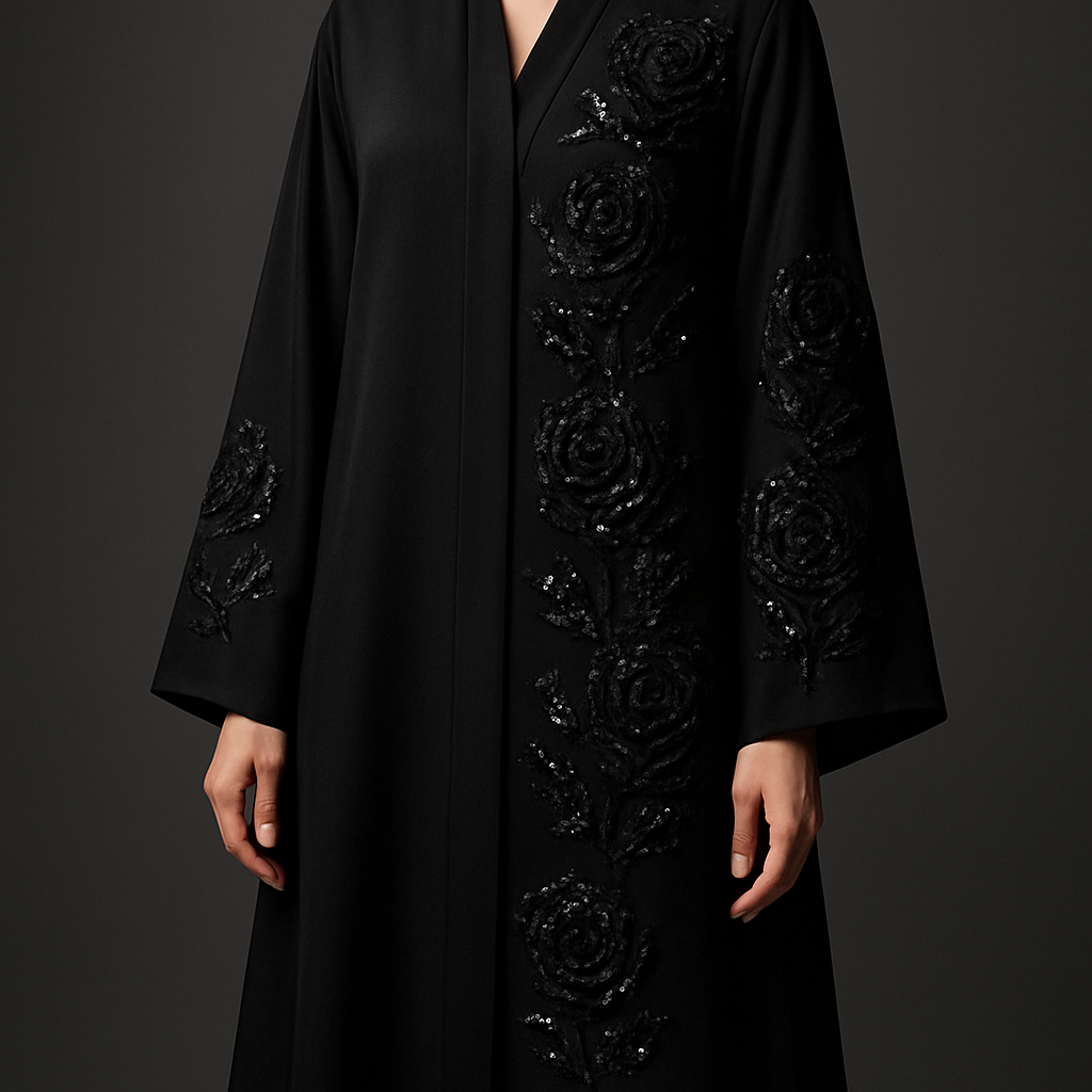 The Black Diamond Rose Abaya
Tone: Pure jet black
Design:
A dramatic cascade of black diamond-cut stones forming abstract rose shapes on the front panel and sleeve.
Fabric: Silk-crepe
Vibe: Fierce elegance, rich and commanding.
The Black Diamond Rose Abaya
Tone: Pure jet black
Design:
A dramatic cascade of black diamond-cut stones forming abstract rose shapes on the front panel and sleeve.
Fabric: Silk-crepe
Vibe: Fierce elegance, rich and commanding.