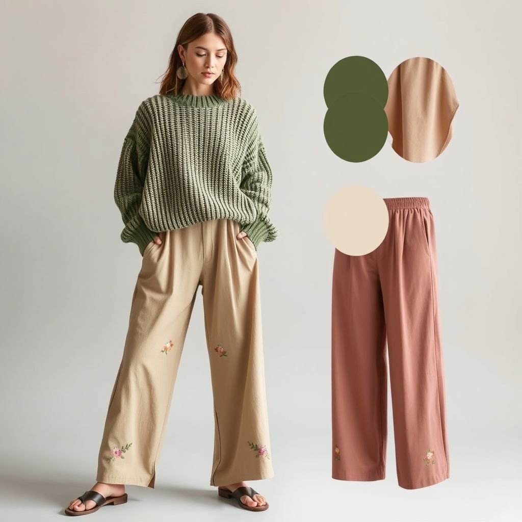 Comfortable
Envision a cozy, oversized knit sweater paired with high-waisted, wide-leg trousers crafted from biodegradable fabric. The color palette features soft earth tones: moss green, sandy beige, and dusky rose. Accented with hand-stitched floral embroidery, this ensemble blends sustainability with a relaxed chic vibe, perfect for lazy weekend brunches or evening strolls.