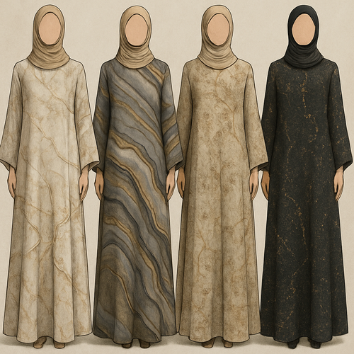 Create a modest boubou, the first of its kind, featuring a unique stone design that exudes a classy and sophisticated vibe. I'd like four designs, each showcasing different styles and fabrics. Incorporate high-end, unique chic stone designs to make them truly special. Add little sophisticated stone designs.