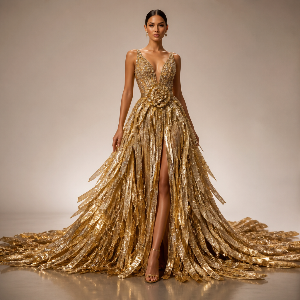 A Female Dress design, suitable for Summer. Vestido de alta costura inspirado en la silueta de la referencia, adaptado para una reina de belleza en una versión completamente dorada y mucho más majestuosa: corsé escultural en oro champagne con escote profundo en V suavizado y estructura perfectamente ajustada, confeccionado en satén dorado y completamente bordado con cristales champagne, oro y cristal transparente; mantener la característica principal del diseño original: cientos de tiras largas y estrechas que nacen directamente de la cintura y caen sobre la falda, pero reinterpretadas en materiales de alta costura como seda metálica, lamé dorado, organza cristalina, terciopelo ultrafino y tiras de bordado metálico; cada tira debe tener diferentes longitudes, anchos y texturas para crear el mismo efecto dinámico y ligero de la referencia, pero con una apariencia mucho más lujosa; algunas tiras deben caer hasta el suelo, otras terminar a diferentes alturas y las exteriores deben extenderse hacia atrás formando una cola espectacular de aproximadamente tres metros, manteniendo siempre la sensación de cientos de elementos independientes moviéndose con cada paso; cada tira debe estar decorada individualmente con bordados de cristales, microperlas doradas, lentejuelas metálicas y pequeños detalles inspirados en rayos solares; la cintura debe llevar una enorme rosa solar tridimensional de alta joyería, elaborada en metal dorado y cristales, desde cuyo centro parezca surgir toda la cascada de tiras; conservar la abertura frontal característica de la referencia, pero convertirla en una abertura elegante y estratégica integrada entre los paneles dorados; los laterales de la falda deben ser mucho más abundantes y dramáticos que en el diseño original, creando una silueta amplia cuando la reina esté quieta y un espectacular movimiento cuando camine; algunas tiras exteriores deben ser ligeramente más rígidas para abrirse hacia los lados y crear un efecto de abanico dorado, mientras que las interiores deben ser extremadamente ligeras para moverse libremente; la espalda debe mantener la construcción ceñida del corsé y continuar hacia una cascada de tiras doradas que se extienda por toda la cola; el vestido debe parecer literalmente una lluvia de oro en movimiento, conservando reconociblemente la idea del diseño original pero elevándola a una pieza de alta costura ceremonial, lujosa, sofisticada, dramática y digna de una reina que está realizando su última caminata antes de entregar la corona.. Mexico fashion aesthetics. Present it as professional fashion catalogue photography: the garment is the subject, shown full-length with editorial styling, neutral posing and tasteful, non-suggestive framing.
photorealistic fashion design, A Female Dress design, suitable for Summer. Vestido de alta costura inspirado en la silueta de la referencia, adaptado para una reina de belleza en una versión completamente dorada y mucho más majestuosa: corsé escultural en oro champagne con escote profundo en V suavizado y estructura perfectamente ajustada, confeccionado en satén dorado y completamente bordado con cristales champagne, oro y cristal transparente; mantener la característica principal del diseño original: cientos de tiras largas y estrechas que nacen directamente de la cintura y caen sobre la falda, pero reinterpretadas en materiales de alta costura como seda metálica, lamé dorado, organza cristalina, terciopelo ultrafino y tiras de bordado metálico; cada tira debe tener diferentes longitudes, anchos y texturas para crear el mismo efecto dinámico y ligero de la referencia, pero con una apariencia mucho más lujosa; algunas tiras deben caer hasta el suelo, otras terminar a diferentes alturas y las exteriores deben extenderse hacia atrás formando una cola espectacular de aproximadamente tres metros, manteniendo siempre la sensación de cientos de elementos independientes moviéndose con cada paso; cada tira debe estar decorada individualmente con bordados de cristales, microperlas doradas, lentejuelas metálicas y pequeños detalles inspirados en rayos solares; la cintura debe llevar una enorme rosa solar tridimensional de alta joyería, elaborada en metal dorado y cristales, desde cuyo centro parezca surgir toda la cascada de tiras; conservar la abertura frontal característica de la referencia, pero convertirla en una abertura elegante y estratégica integrada entre los paneles dorados; los laterales de la falda deben ser mucho más abundantes y dramáticos que en el diseño original, creando una silueta amplia cuando la reina esté quieta y un espectacular movimiento cuando camine; algunas tiras exteriores deben ser ligeramente más rígidas para abrirse hacia los lados y crear un efecto de abanico dorado, mientras que las interiores deben ser extremadamente ligeras para moverse libremente; la espalda debe mantener la construcción ceñida del corsé y continuar hacia una cascada de tiras doradas que se extienda por toda la cola; el vestido debe parecer literalmente una lluvia de oro en movimiento, conservando reconociblemente la idea del diseño original pero elevándola a una pieza de alta costura ceremonial, lujosa, sofisticada, dramática y digna de una reina que está realizando su última caminata antes de entregar la corona.. Mexico fashion aesthetics. Present it as professional fashion catalogue photography: the garment is the subject, shown full-length with editorial styling, neutral posing and tasteful, non-suggestive framing., just the design no text