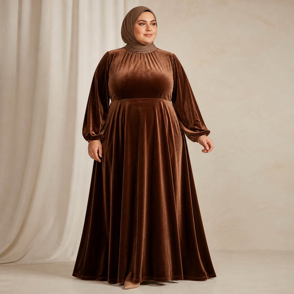 A Female Dress design, made of Velvet, with a light, flowing drape, with a Flared silhouette, with modest, full coverage: longer hemlines, higher necklines and covered shoulders, in an Earth Tones color palette, for Party, suitable for Fall, suited to a Temperate climate, in Minimalist style, shown on a model with medium skin tone and a plus-size figure. فستان طويل لقوام ممتليء جدا لشكل جسم كمثري مع حجاب. Egypt fashion aesthetics. Present it as professional fashion catalogue photography: the garment is the subject, shown full-length with editorial styling, neutral posing and tasteful, non-suggestive framing.
photorealistic fashion design, A Female Dress design, made of Velvet, with a light, flowing drape, with a Flared silhouette, with modest, full coverage: longer hemlines, higher necklines and covered shoulders, in an Earth Tones color palette, for Party, suitable for Fall, suited to a Temperate climate, in Minimalist style, shown on a model with medium skin tone and a plus-size figure. فستان طويل لقوام ممتليء جدا لشكل جسم كمثري مع حجاب. Egypt fashion aesthetics. Present it as professional fashion catalogue photography: the garment is the subject, shown full-length with editorial styling, neutral posing and tasteful, non-suggestive framing., minimalist style, just the design no text