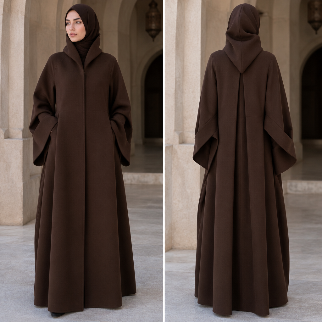 إنشاء عبائة إسلامية شتوية بدون أي زخارف و تكون مميزة بحيث لم تتواجد في أي سوق من قبل. Morocco fashion aesthetics. Present it as professional fashion catalogue photography: the garment is the subject, shown full-length with editorial styling, neutral posing and tasteful, non-suggestive framing.
photorealistic fashion design, إنشاء عبائة إسلامية شتوية بدون أي زخارف و تكون مميزة بحيث لم تتواجد في أي سوق من قبل. Morocco fashion aesthetics. Present it as professional fashion catalogue photography: the garment is the subject, shown full-length with editorial styling, neutral posing and tasteful, non-suggestive framing., just the design no text, show front and back
