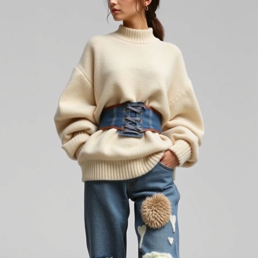 Pull oversize manche bouffante en laine avec corset en jean + son jean baggy avec des touches de laine
Design an oversized bouffant sleeve pullover crafted from luxe wool, featuring a structured denim corset that cinches the waist. Pair it with a trendy baggy jean, adorned with whimsical patches of soft wool for texture contrast. The look fuses classic denim's ruggedness with cozy elegance, perfect for modern street style.