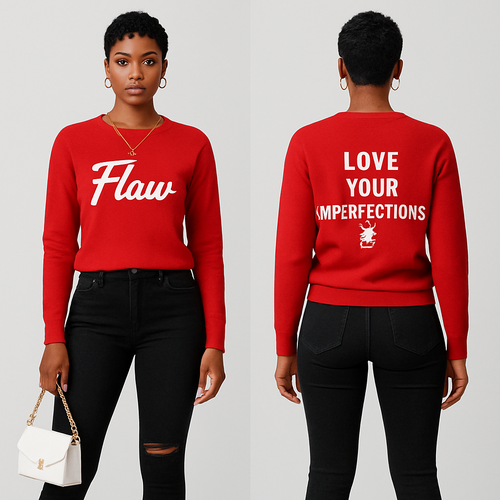 Black woman 
Pixie cut 
Red Long sleeve sweater shirt on the front it says Flaw in white in cursive and on the back it says in white Love Your Imperfections 🌹
Tight black ripped jeans 
White boot heels 
Gold jewelry 
White purse 
