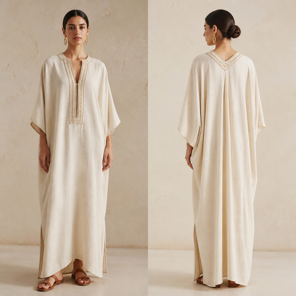 A Female Dress design, suitable for Summer, in Quiet Luxury style. Morocco fashion aesthetics.
photorealistic fashion design, A Female Dress design, suitable for Summer, in Quiet Luxury style. Morocco fashion aesthetics., quiet_luxury style, just the design no text
