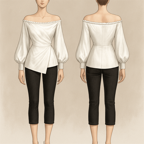 Slik blouse off shouldered loose sleeves fitted at the waist and breast side pearls running along the off shoulder
Left side draped with excess material forming a v shape the back Normal length hanging above the buttocks
Black capris underneath