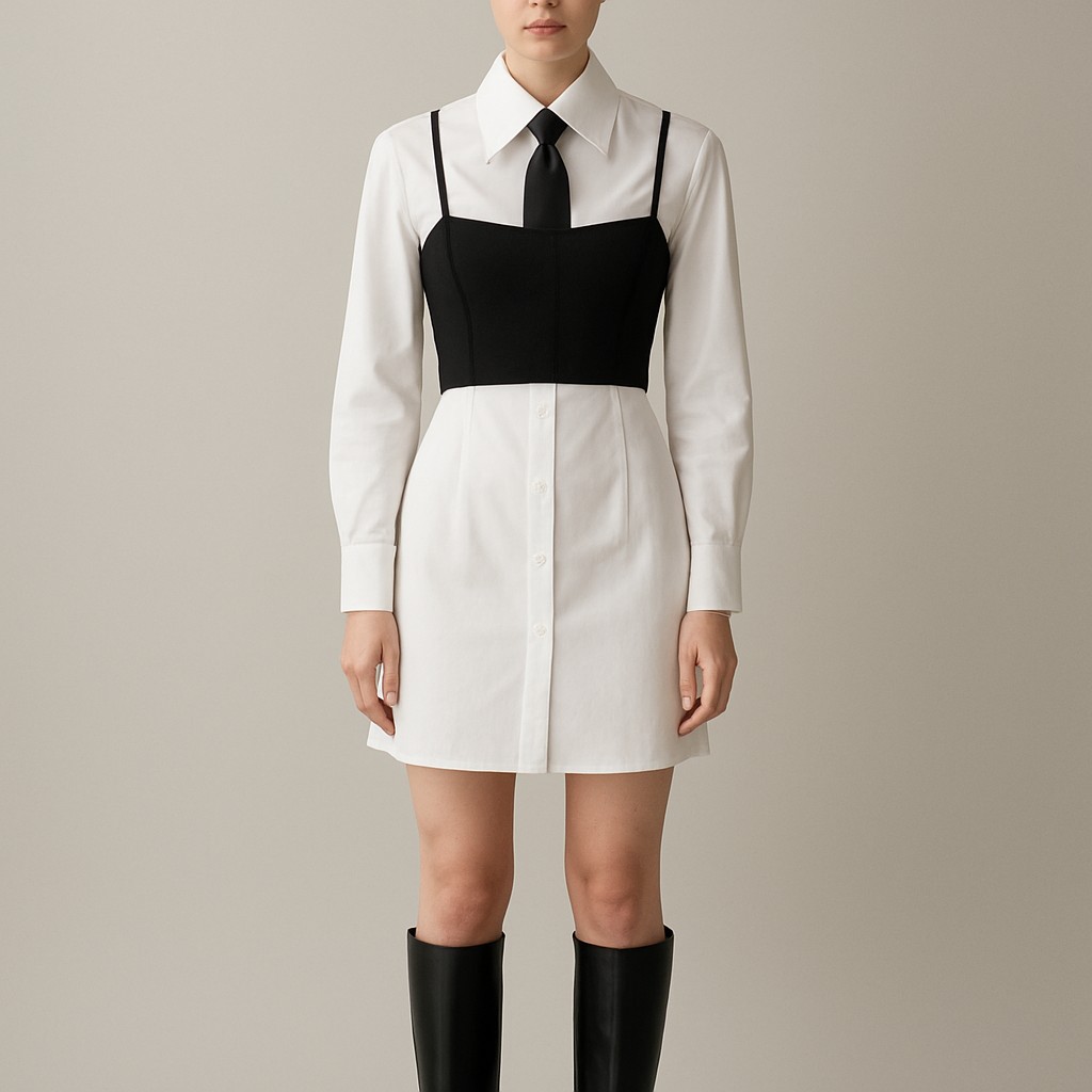 Can you do a white fitted shirt dress with a large collar, with a black slightly crop corset top with thin straps over it, and a black tie with knee high boots
Can you do a white fitted shirt dress with a large collar, with a black slightly crop corset top with thin straps over it, and a black tie with knee high boots