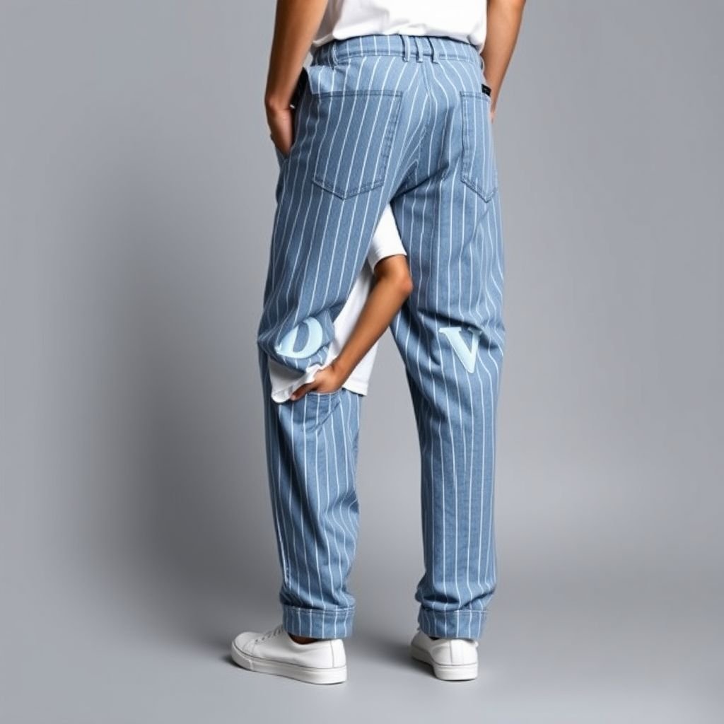 Men's Fashion Casual Woven Oversized Blue Striped 3D Letters Embroidered Baggy Pant, For Daily Summer Outfits. With “D” on one back pocket and “V” on the other
Design an effortlessly stylish men's casual outfit featuring oversized blue striped pants, crafted from lightweight woven fabric perfect for summer. Highlight 3D letters “D” and “V” intricately embroidered on each back pocket for a playful touch. Complete the look with a relaxed-fit white tee and comfortable slip-on sneakers for everyday wear.
