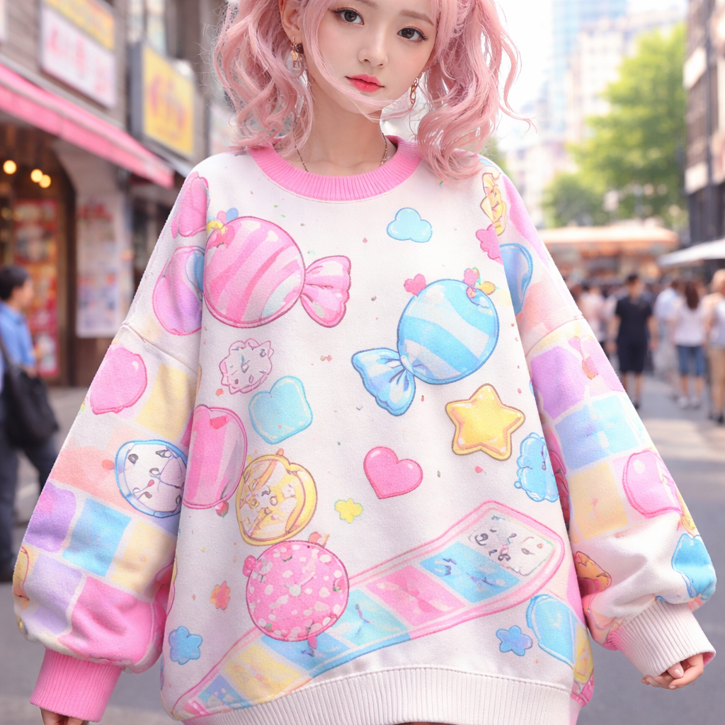 cute chunky neon cartoon candy land board game sweater
Japanese Street fashion design: Loose-fit cotton sweater, neon pink and blue, oversized cartoon candies and board game squares pattern. Drop shoulders, long sleeves, and a relaxed, playful vibe.