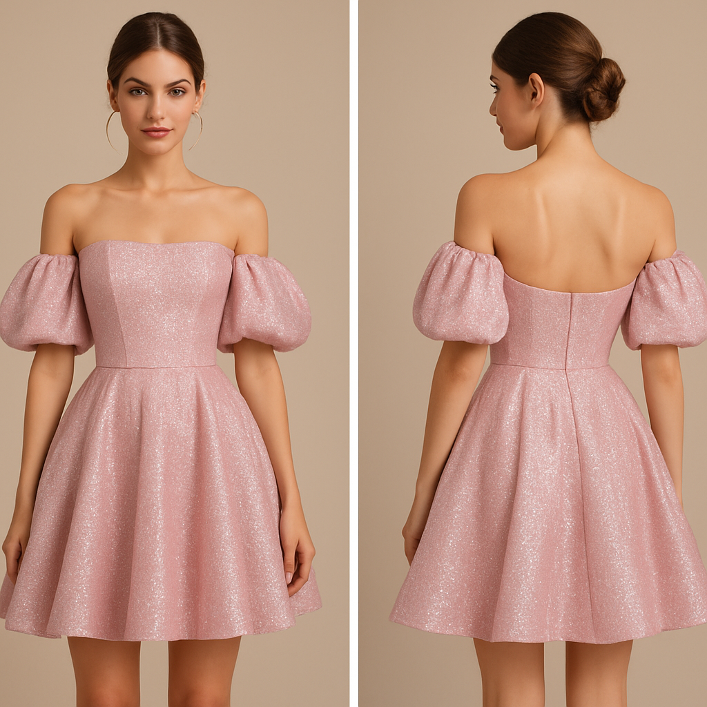 ✅ Estilo geral: Princesa moderna com toque glam.
✅ Comprimento: Curto (acima do joelho).
✅ Cor: Rosa claro com brilho prateado.
✅ Modelagem:
• Corpete estruturado e justo, com decote reto estilo tomara que caia.
• Manguinhas bufantes caídas nos ombros (off-shoulder), conferindo um toque luxuoso.
✅ Estilo geral: Princesa moderna com toque glam.
✅ Comprimento: Curto (acima do joelho).
✅ Cor: Rosa claro com brilho prateado.
✅ Modelagem:
• Corpete estruturado e justo, com decote reto estilo tomara que caia.
• Manguinhas bufantes caídas nos ombros (off-shoulder), conferindo um toque luxuoso., elegant style, show front and back