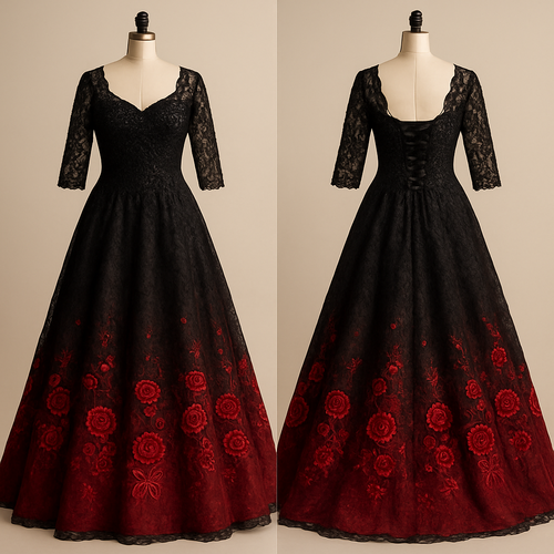 Lace Black A-line 1/3 lace sleeves wedding dress with champagne underlining. Corset back, with embroidered sequin beading on the top. The bottom fades into red with embroidered red sequined roses.