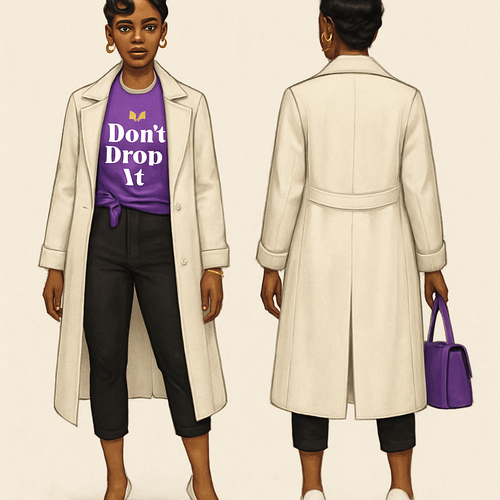 Black woman 
Finger waves
purple shirt tied to the side white around the collar with don’t drop it 👑 on the front
Long white trench coat  
Black capri pants 
Gold jewelry 
White heels 
Purple hand bag 

