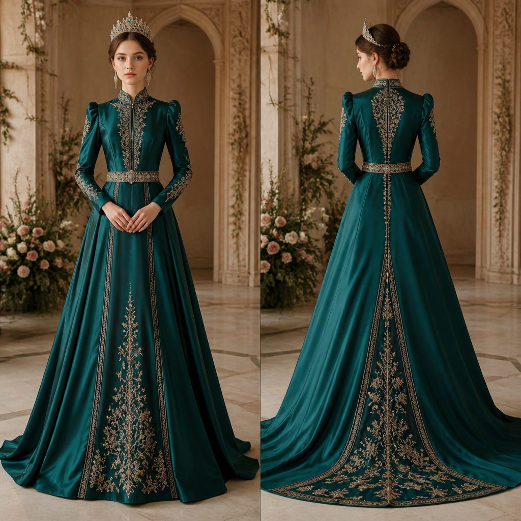 A Female Dress design, made of Silk, with a crisp, structured drape, with a Fitted silhouette, with modest, full coverage: longer hemlines, higher necklines and covered shoulders, in a Jewel Tones color palette, for Wedding, suitable for Spring, suited to a Temperate climate, in Princesscore + Middle Eastern + Medieval style, shown on a model with fair skin and a petite figure. Russia fashion aesthetics. Present it as professional fashion catalogue photography: the garment is the subject, shown full-length with editorial styling, neutral posing and tasteful, non-suggestive framing.
photorealistic fashion design, A Female Dress design, made of Silk, with a crisp, structured drape, with a Fitted silhouette, with modest, full coverage: longer hemlines, higher necklines and covered shoulders, in a Jewel Tones color palette, for Wedding, suitable for Spring, suited to a Temperate climate, in Princesscore + Middle Eastern + Medieval style, shown on a model with fair skin and a petite figure. Russia fashion aesthetics. Present it as professional fashion catalogue photography: the garment is the subject, shown full-length with editorial styling, neutral posing and tasteful, non-suggestive framing., princesscore style, just the design no text, show front and back