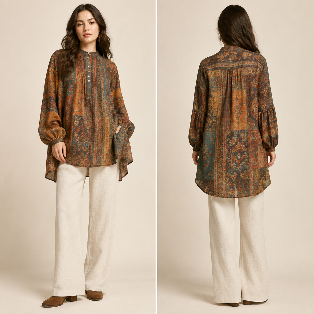 A Unisex Top design, with modest, full coverage: longer hemlines, higher necklines and covered shoulders, suitable for Fall, in Bohemian style Present it as professional fashion catalogue photography: the garment is the subject, shown full-length with editorial styling, neutral posing and tasteful, non-suggestive framing.
photorealistic fashion design, A Unisex Top design, with modest, full coverage: longer hemlines, higher necklines and covered shoulders, suitable for Fall, in Bohemian style Present it as professional fashion catalogue photography: the garment is the subject, shown full-length with editorial styling, neutral posing and tasteful, non-suggestive framing., bohemian style, just the design no text