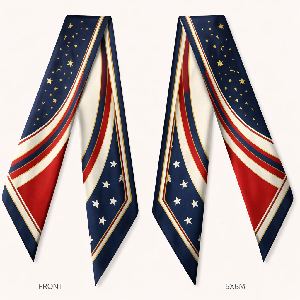 Design a silk twilly scarf that is 5x 86cm that is for the United States of America’s 250th birthday. No words or logos. Ralph Lauren vibe. Way simpler. Even more simple. Add a subtle element of celebration.
Design a silk twilly scarf that is 5x 86cm that is for the United States of America’s 250th birthday. No words or logos. Ralph Lauren vibe. Way simpler. Even more simple. Add a subtle element of celebration. , classic style, show front and back