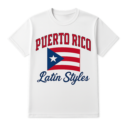 A shirt with Puerto Rico with the saying Latin styles as a logo