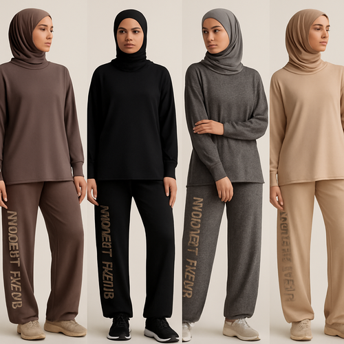 Create a revolutionary women’s modest loose gym wear brand called “Modest Fleur”. Display the brand name on the garments in a unique stone design on the side, exuding a classy and sophisticated vibe. I’d like four designs, each showcasing different styles and fabrics, with high-end, unique chic stone designs to make them truly special.