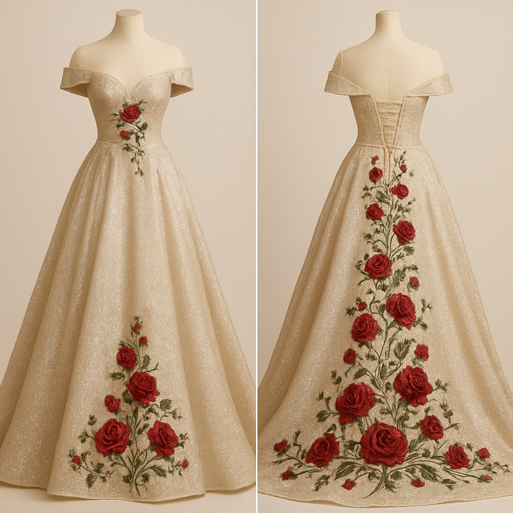 Glittery wedding dress,black and champagne color, off the shoulder sleeves. With red roses and green vines embroidered cascading down the back of the dress flowing along the train. Corset top and lace up back.
Glittery wedding dress,black and champagne color, off the shoulder sleeves. With red roses and green vines embroidered cascading down the back of the dress flowing along the train. Corset top and lace up back., classic style, show front and back