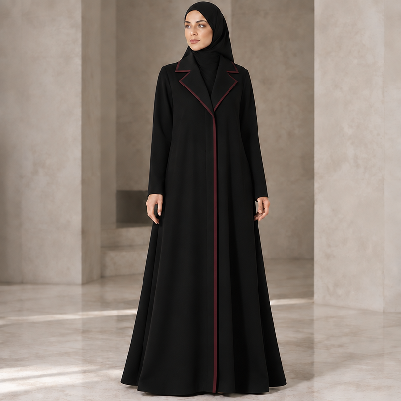 واضافة شريط عودي للعباية
edit the attached fashion design with these instructions: واضافة شريط عودي للعباية. keep it photorealistic, just the design no text