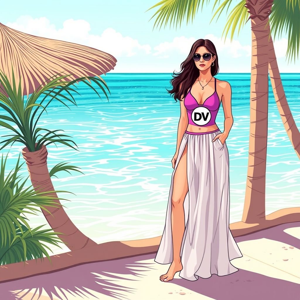 Women's All Over Swimsuit Set, Casual Fashion Chic Swim One-Pieces & Swim long Skirt Two-Piece Swimsuit For Beach Holiday Vacation, Ladies Swimwear For All Seasons. Put “DV” on it somewhere
Design a women's casual swimwear set featuring a chic one-piece swimsuit adorned with playful DV branding, complemented by a flowing, lightweight long skirt for effortless beach vibes. The ensemble combines comfort and style, perfect for sun-soaked holidays. Vibrant colors and relaxed silhouettes make it an everyday essential for all seasons.