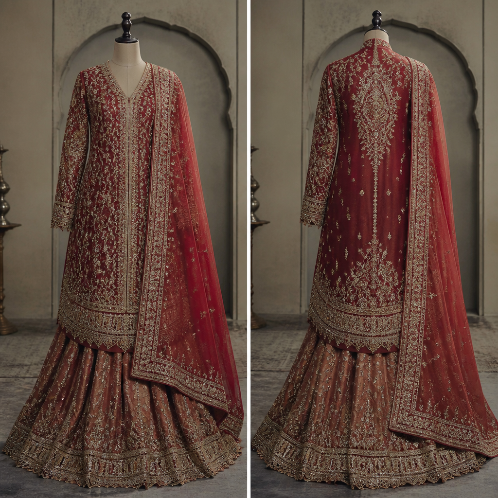 Make me a outfit of heavy embroidery on suit and shara for bridal wear
photorealistic fashion design, Make me a outfit of heavy embroidery on suit and shara for bridal wear
, winter style, just the design no text, show front and back