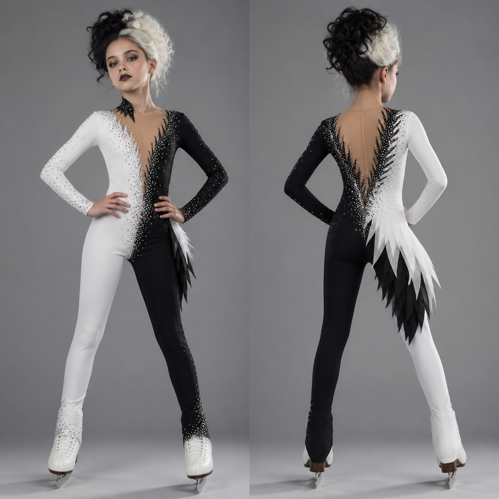 create a figure skating jumpsuit for a girl in the image of a Cruella with rhinestones
photorealistic fashion design,
create a figure skating jumpsuit for a girl in the image of a Cruella with rhinestones , avant_garde style, just the design no text, show front and back