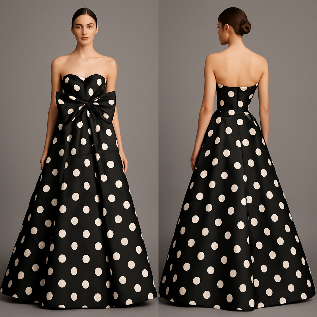 A polka dots black and white super elegant and unique something like christian dior style . Strapless design with a bow
A polka dots black and white super elegant and unique something like christian dior style . Strapless design with a bow
, glamorous style, show front and back