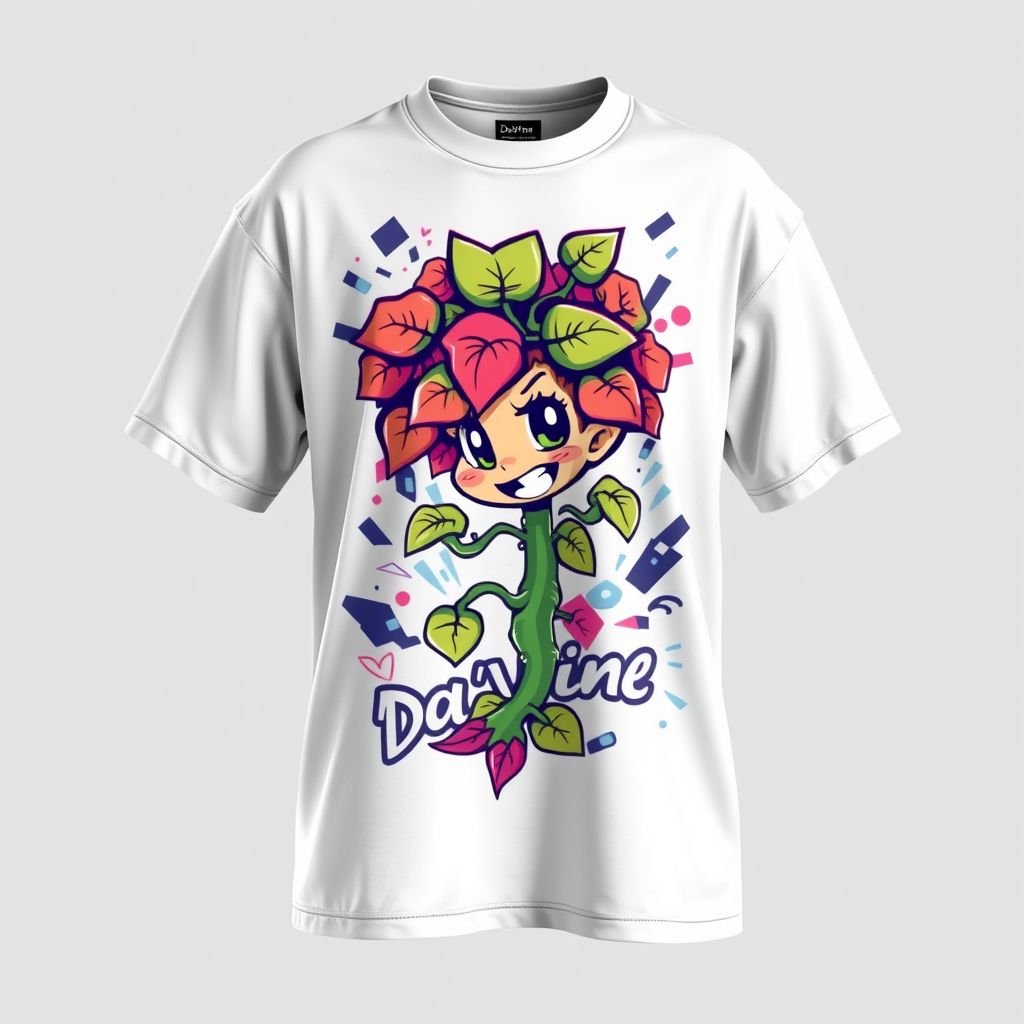 I have a brand called “Da’Vine”. Representing “The vine” which is “growth” and “divine” seen as “wonderful”. If I were to create a streetwear shirt with a cartoon on it. What would my personalized cartoon look like, to reflect “Da’Vine”. Put it on a shirt. Make it unique, different from all other brands. Don’t make it look scary. Make it unisex, not childish or child like.
Design a striking unisex streetwear shirt for "Da’Vine" featuring a vibrant cartoon vine character, entwined with stylized urban elements like graffiti and geometric shapes. The character exudes growth and positivity, with whimsical leaves and bold colors. Showcase this design on a soft, oversized tee, merging high-end street style with playful sophistication.