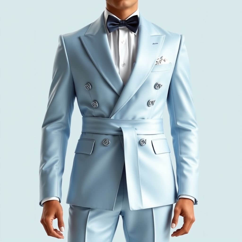 Men’s light blue shiny suit, with long belt that wraps around and hangs, slim fit, with “DV” on it. Mens Tuxedos Double Breasted Groom Wear For Wedding Male Party Blazer Customized Streetwear 2 Pieces
Design an elegant men's light blue shiny suit featuring a tailored slim fit and a dramatic long belt that wraps around the waist and gracefully hangs. Adorned with intricate “DV” embroidery, this sophisticated double-breasted tuxedo exudes refinement, perfect for weddings or upscale events, blending traditional elegance with modern streetwear flair.
