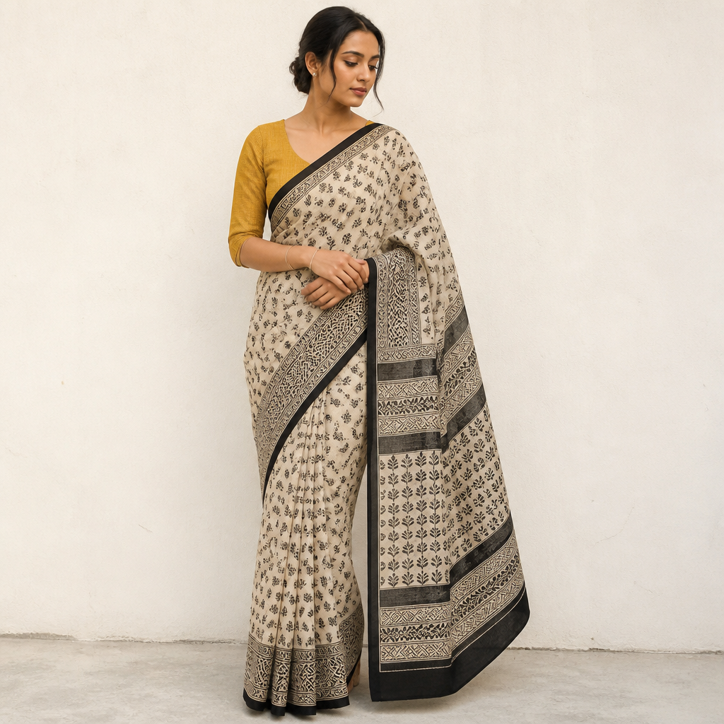 A Female Dress design, suitable for Summer. Light beige and black print saree with mustard yellow elbow length blouse. Design with modest coverage.
photorealistic fashion design, A Female Dress design, suitable for Summer. Light beige and black print saree with mustard yellow elbow length blouse. Design with modest coverage., just the design no text